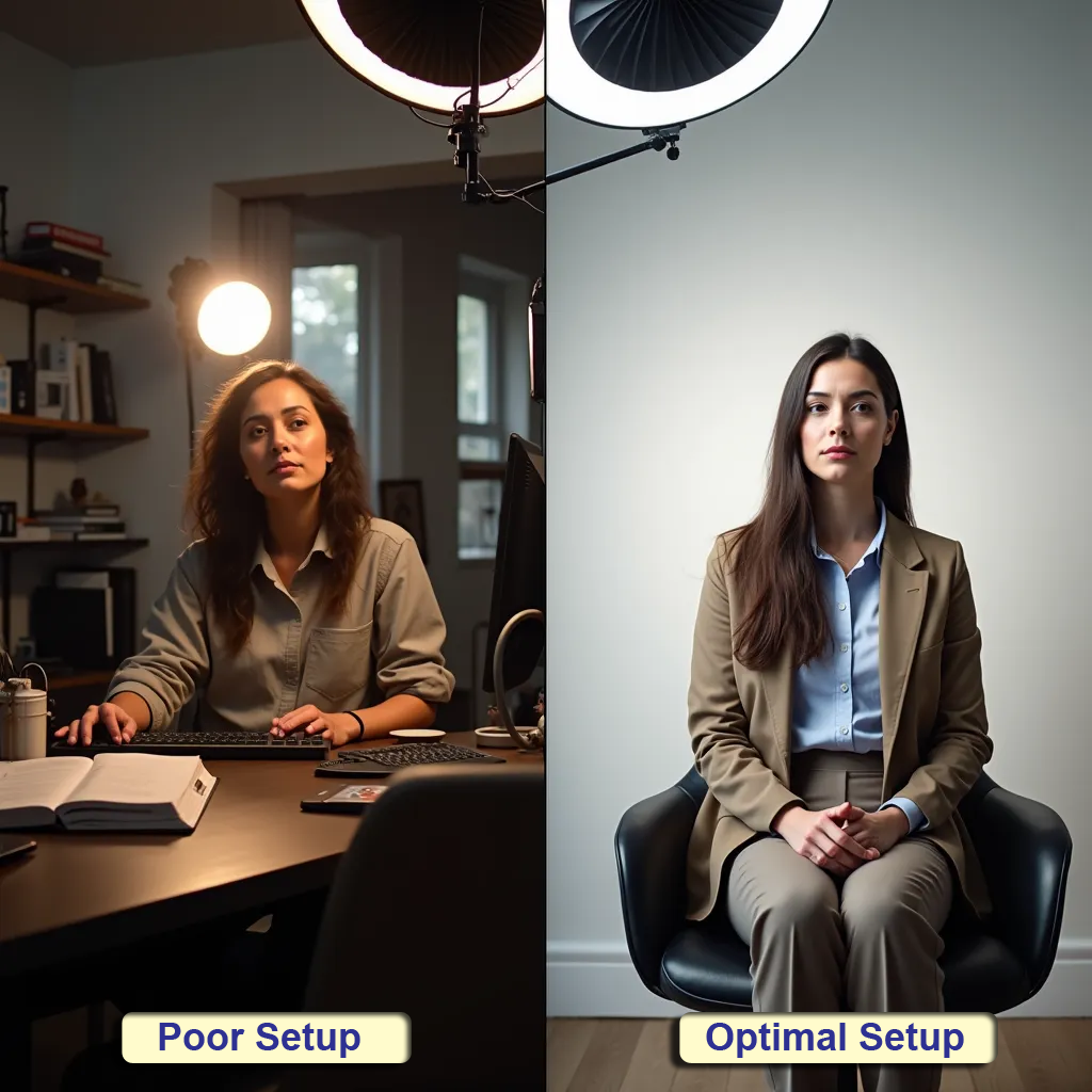 Split image comparing poor and optimal video recording setups. Left: Woman in poorly lit, cluttered room with harsh shadows, casual attire. Right: Different woman in well-lit, professional setting with clean background, ring light, and polished appearance.