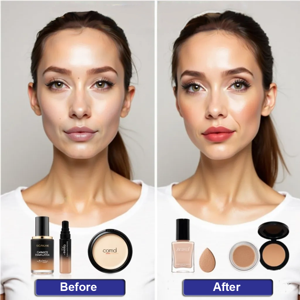 Makeup comparison for video: Before and after transformation showing dewy versus matte finish. Left side displays woman with minimal makeup and shiny skin, looking unhappy. Right side shows same woman with polished, camera-ready look, appearing confident and attractive. Makeup products for each look visible in foreground.