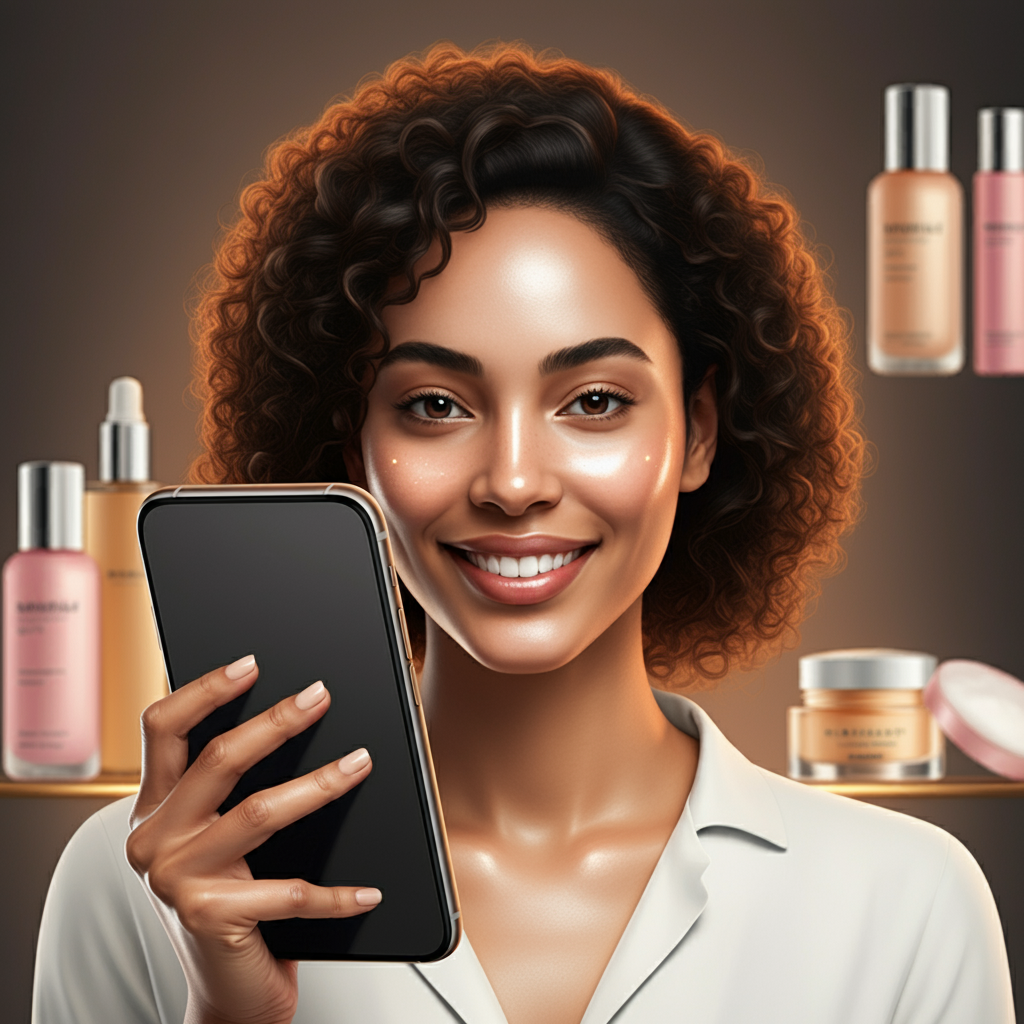 Radiant woman with flawless makeup smiling confidently at smartphone camera, surrounded by essential skincare products for perfect on-camera appearance.