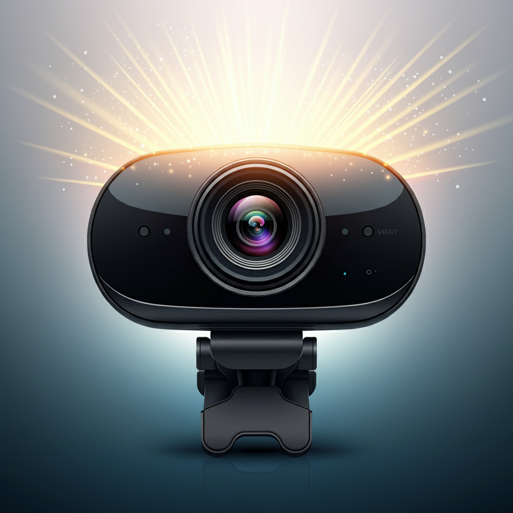 Stylized modern webcam with glossy black finish and vibrant beams of light emanating from the lens, symbolizing crystal-clear video quality for professional video conferencing.