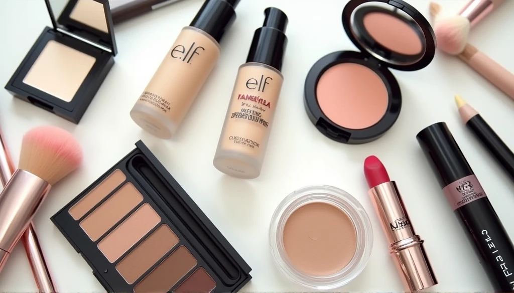 Essential makeup products for camera-ready look: e.l.f. primer, face powder, eyeshadow palette, lipstick, and makeup brush arranged on clean surface