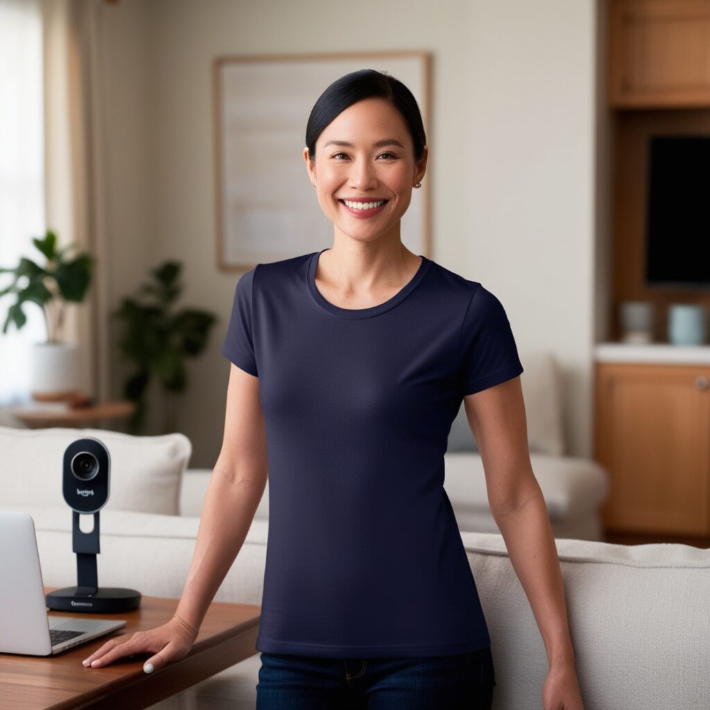 A young Asian woman smiles confidently at the camera while wearing a solid blue short-sleeve crewneck t-shirt and blue jeans. She is standing in a cozy living room setting, with a wooden table beside her that holds an open laptop and a camera. The background features plant pots and a white couch adorned with white pillows, creating an inviting atmosphere perfect for video calls.