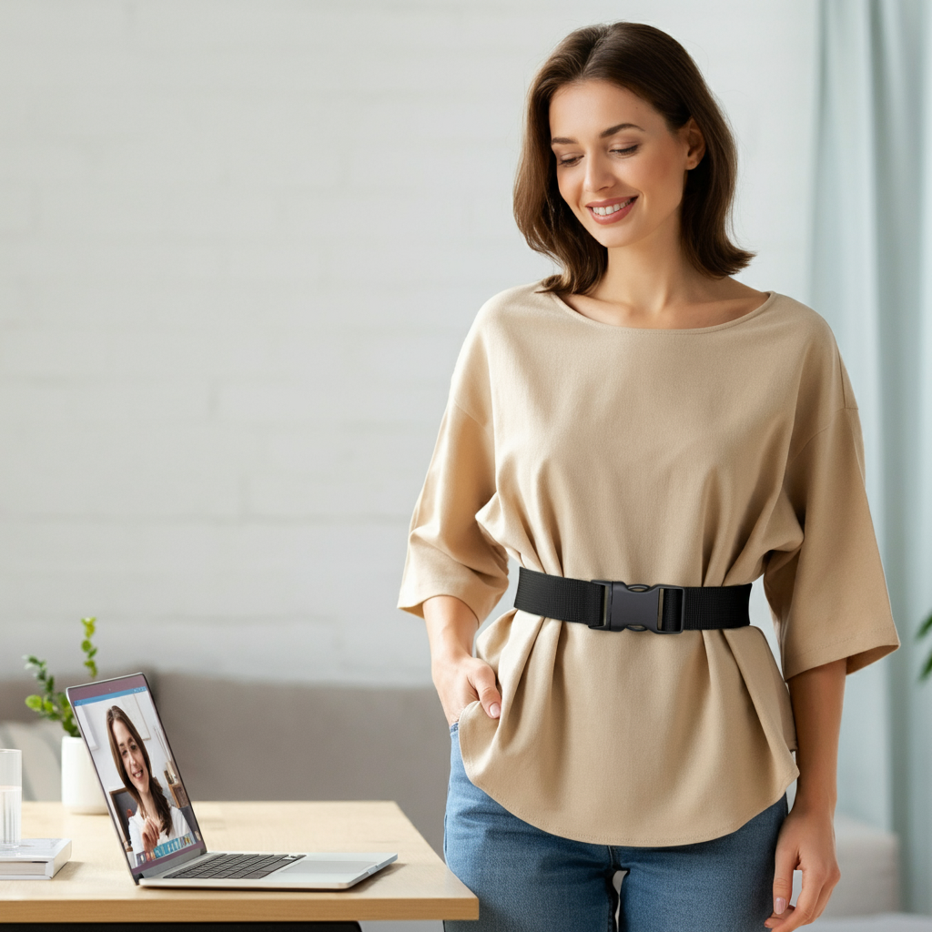 A young woman with shoulder-length brown hair stands next to a desk, wearing a tan loose-fitting top with an off-shoulder neckline and light-blue jeans. A black ratchet nylon belt cinches her waist. She smiles while looking at her laptop, which displays another woman on a video call. A small plant in a white pot sits beside the laptop. The background shows a white curtain and wall, suggesting a home setting.