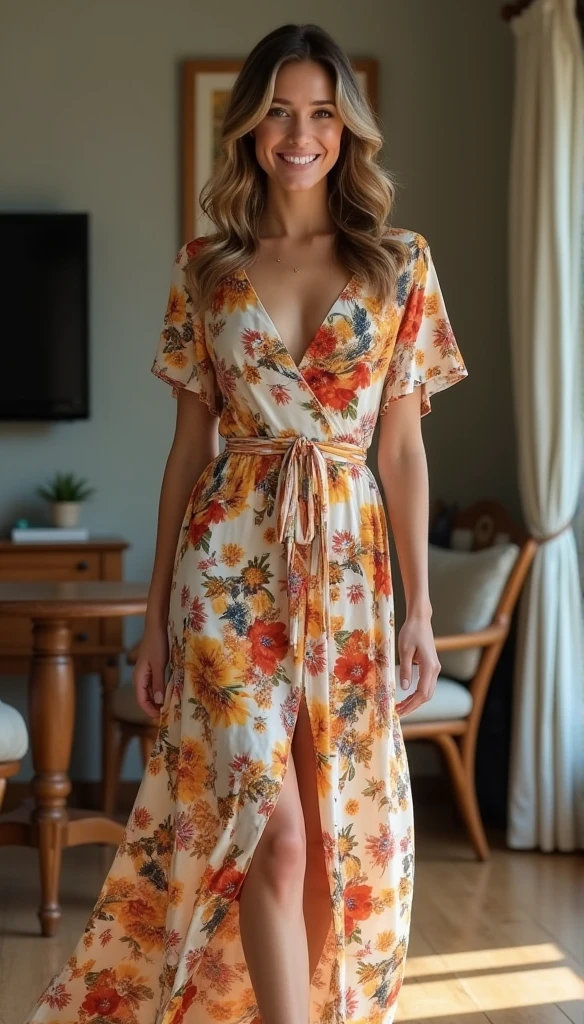 A young, attractive woman with long blonde hair stands smiling at the camera in a home setting. She's wearing a bohemian floral printed wrap maxi dress with a V-neck, short angel sleeves, and a waist tie that accentuates her figure. The background shows a cozy living room with a round wooden table and chairs, a wooden cabinet with a plant, a wall-mounted TV, a painting, and a window with white curtains, creating a warm and inviting atmosphere for video calls.