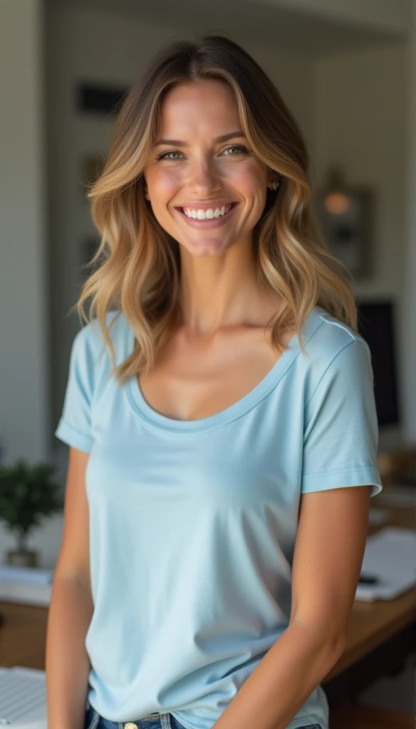 A young woman with light-brown hair and blond highlights stands confidently in her living room, smiling at the camera. She is wearing a classic-fit short-sleeve scoop neck t-shirt in a solid light-blue color, which opens up the chest area and creates an illusion of height. The cozy background features elements of home decor, making it a perfect setting for casual video calls.