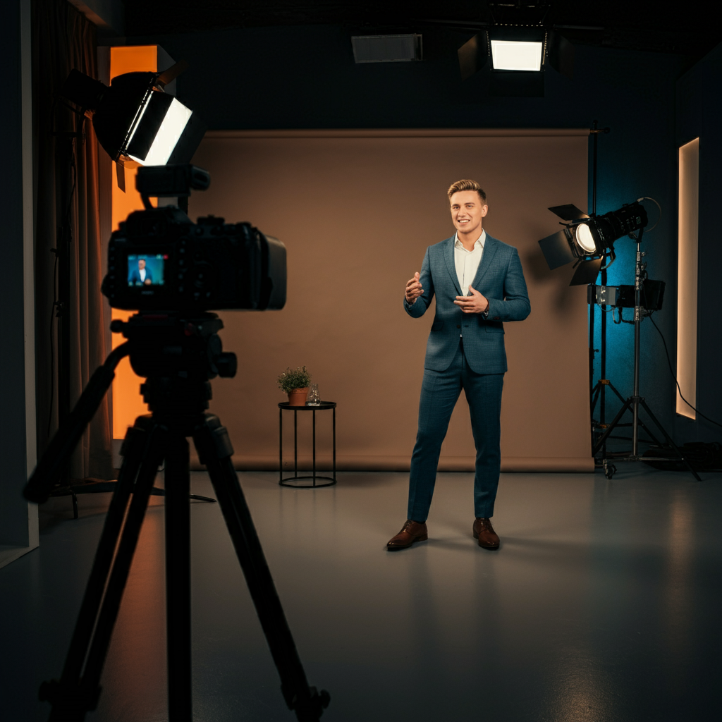 A confident young Caucasian man with short blond hair, dressed in a suit, stands in front of a professional camera in a recording studio. He is smiling and facing the camera, with a large white backdrop behind him. The studio is equipped with two LED light lamps and one spotlight lamp, creating a well-lit environment.